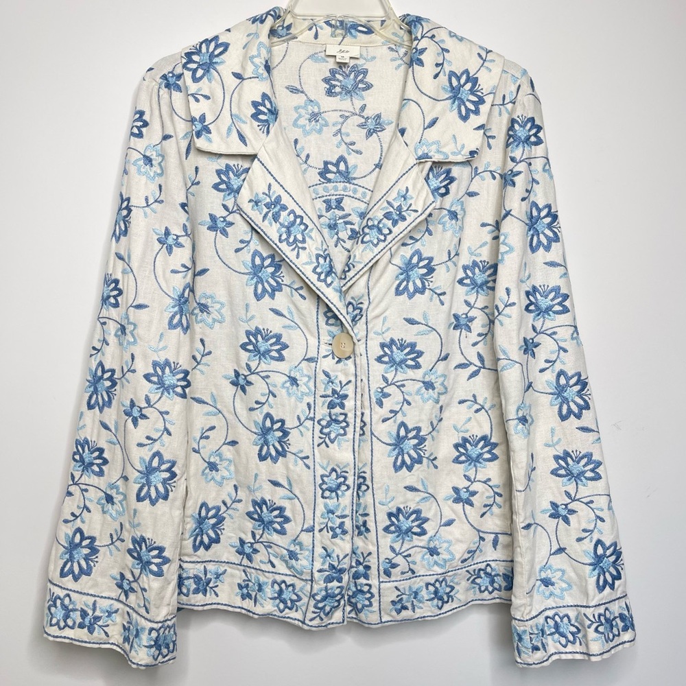 J.Jill Pure 100% Linen Heavy Embroidery Floral Jacket Blazer Bohemian Coastal